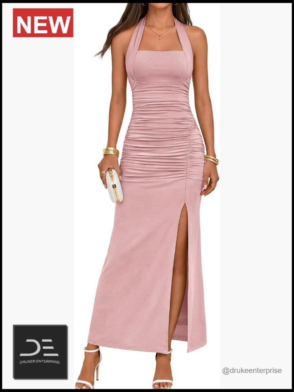 Sleeveless Halter Backless Slit Ruched Maxi Dress - Cocktail Formal
